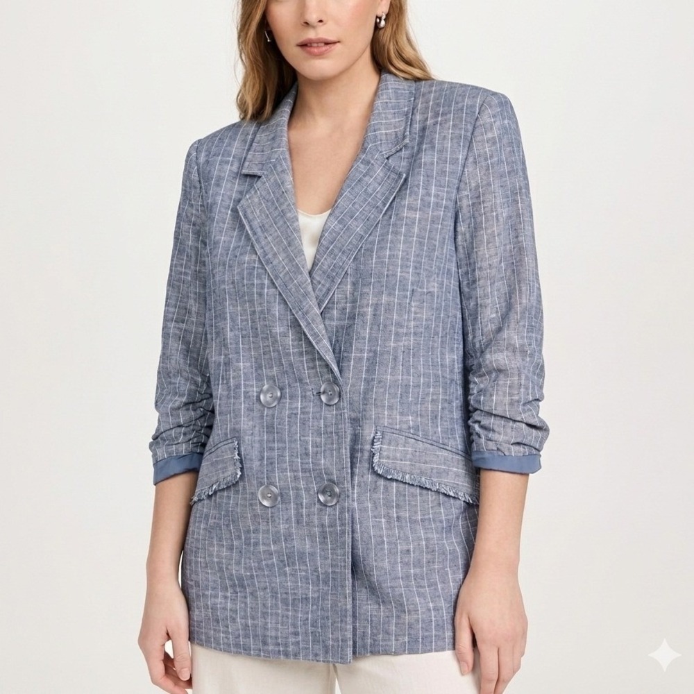 RAMY BROOK Womens Lilianna Double Breasted Striped Blazer Size 0 Pinstripe Blue